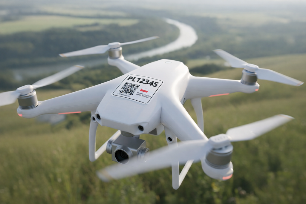 Drone with identification sticker flying over landscape